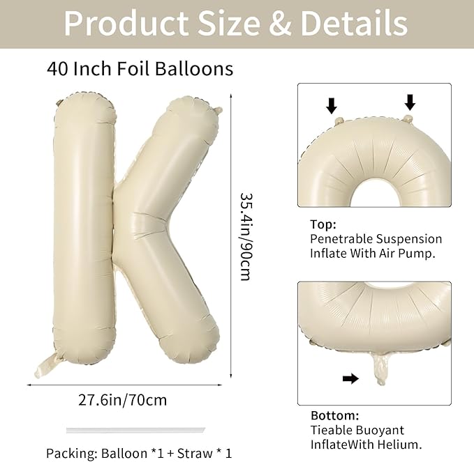 Biapian 40 Inch Giant Cream K Foil Balloons - Big Single Alphabet A-Z - Beige Large Aluminum K Balloons - Helium - Perfect for Birthday, Baby Shower, Wedding, Anniversary Party Decoration