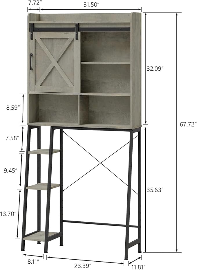 Vabches Over The Toilet Storage Cabinet, Farmhouse Storage Cabinet Over Toilet with Sliding Door & Toilet Paper Holder Stand, Home Space-Saving Toilet Rack for Bathroom, Restroom