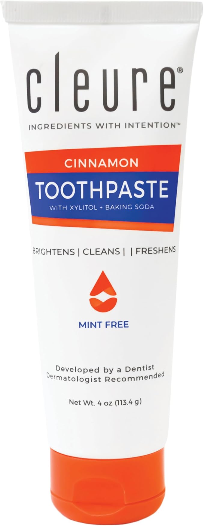 Cleure Natural Cinnamon Toothpaste - Flavor-Free, Fluoride-Free - Helps Whiten Teeth - Natural Great Taste for Children & Adults - Cinnamon Flavor (4oz Tube, Pack of 1)