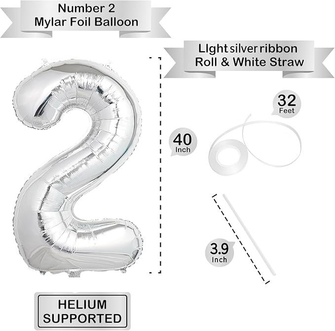 40 Inch Silver Number Balloons, Helium Mylar Foil Number Balloons for Birthdays, Number 2 Balloon for Party Wedding Bachelorette Birthday Bridal Shower Anniversary Celebration Party Decorations
