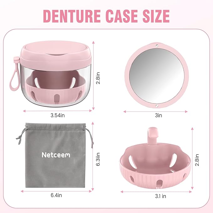 Denture Bath Box Cup, Leak Proof Denture Cup Kit Portable Retainer Case for Travel, Denture Case Cleaning Care for Dentures Aligner Mouth Guard with Denture Brush,Strainer, Removal Tool and Mirror