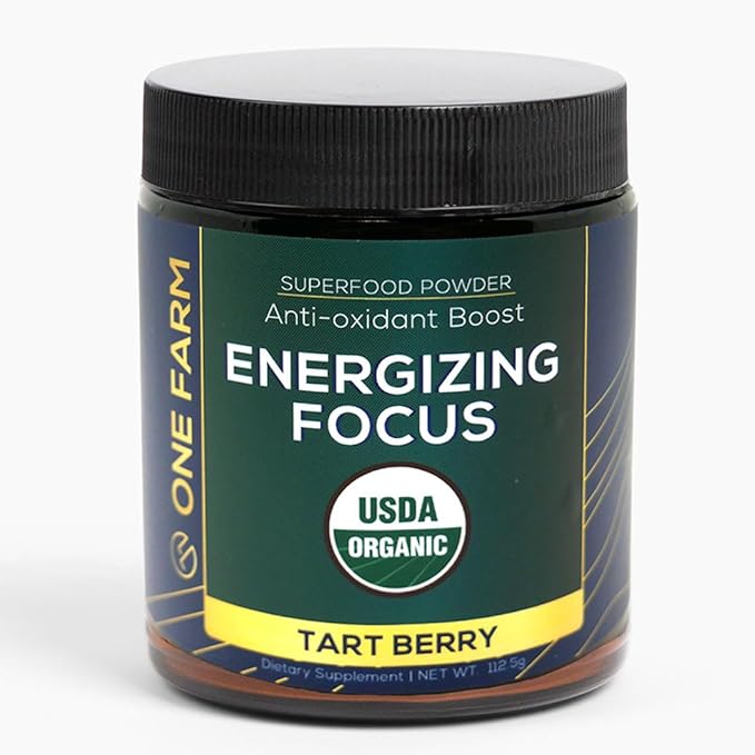 One Farm Energizing Focus Powder Blend - with USDA Organic Blackcurrant, Matcha, Lions Mane, Cordyceps, Rhodiola, and More in a Resealable Glass Jar. 45 Servings - Tart Berry Flavor