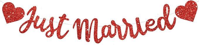 BEISHIDA Red Just Married Banner - NO DIY, Glitter Wedding Party Banner,Just Married Signs, Bachelorette/Bridal Garland,Engagement Party Decor Supplies, Wedding Reception Party Decorations.
