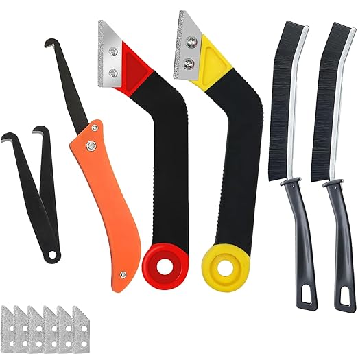 Grout Removal Tool Kit, 2 Tile Grout Saws with 6 Replacement Blades, Hand Grout Saw and 2 Cleaning Blades, 2 Brushes for Tile Gap Cleaning and Repair