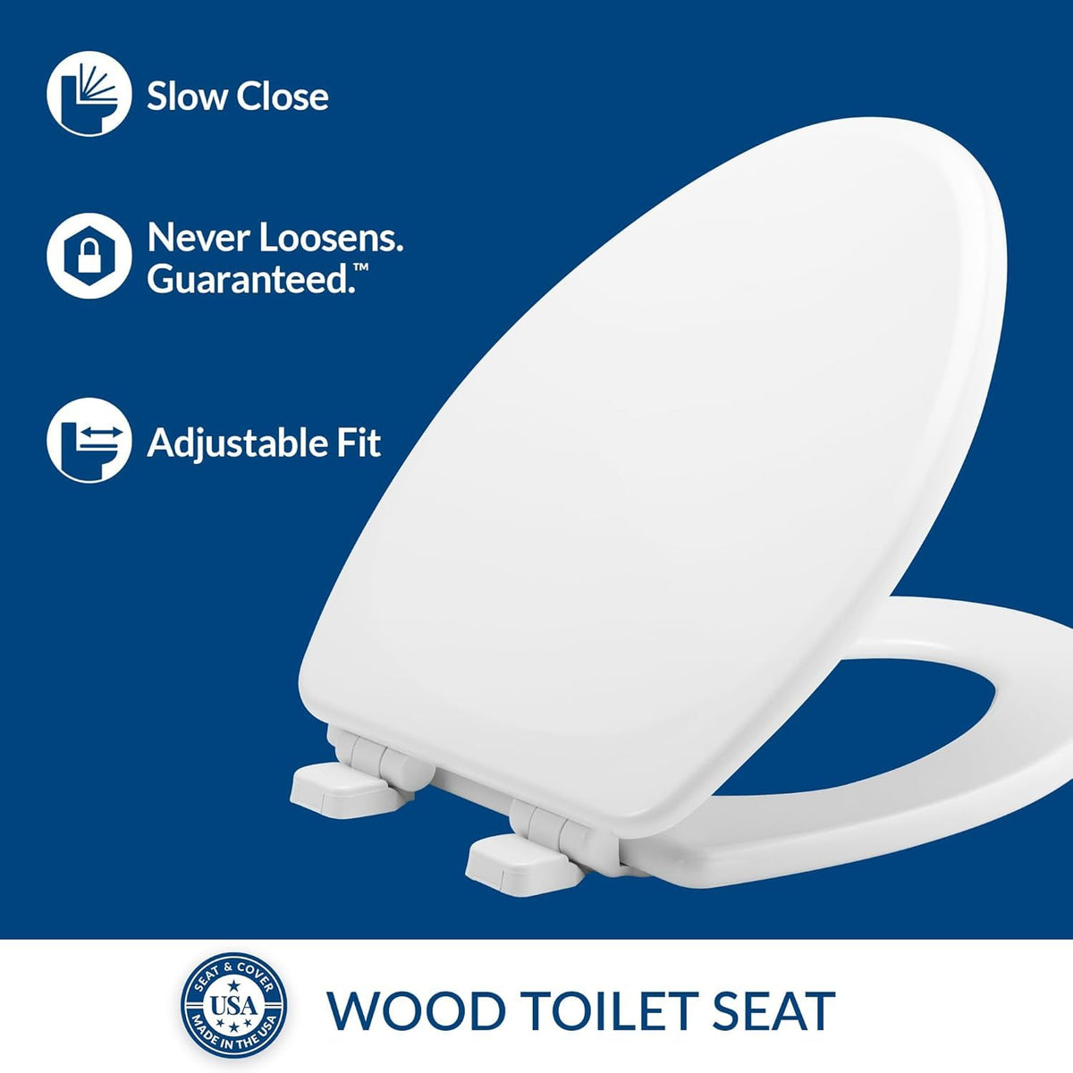 Mayfair Linden Slow Close Toilet Seat, Non Slip Heavy Duty Wood, Easy Install, Elongated, White