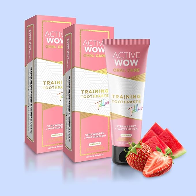 Active Wow Training Toothpaste – Fluoride-Free, Toddler-Safe, Gentle, Vegan, Safe to Swallow – Strawberry Watermelon, 2 Pack