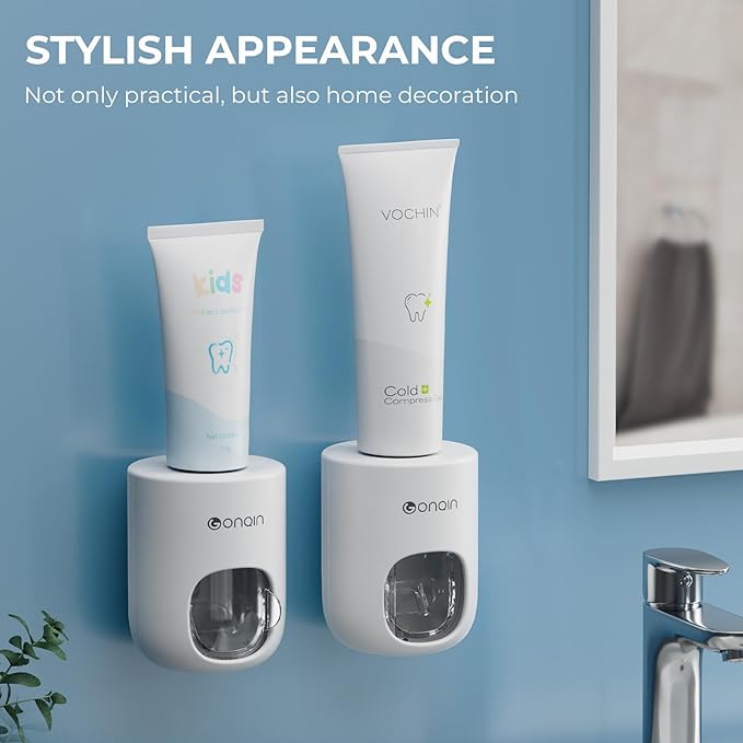 Toothpaste Dispenser Wall Mount for Bathroom-Toothpaste Holder Automatic Toothpaste Squeezer with Cover for Bathroom Organizer Storage (White)