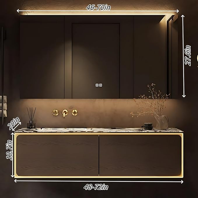 62IN Bathroom Vanity Set with a Single Sink - Embedded Sensor Light Strip & Large Capacity Floating Cabinet | Modern Bathroom Vanities with Defogging Mirror Surface & LED Lighting (Mirror Cabinet)