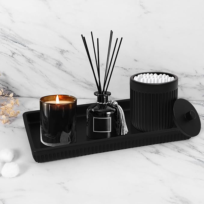 Resin Matte Black Bathroom Accessories Set 5 Pcs, Lotion Soap Dispenser, Toothbrush Holder, Bathroom Tumbler, Qtip Holder and Vanity Tray, Bathroom Countertop Organizer Set for Home Apartment