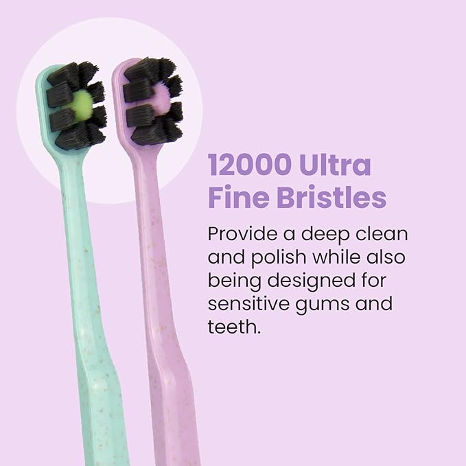 Lindo EcoCare Polishing Toothbrush - Charcoal Infused Bristles & Biodegradable Handle, for Sensitive Gums and Teeth, 12000+ Ultra Fine Charcoal Infused Bristles, Soft and Gentle, Pack of 4 (Pink)
