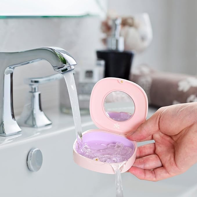 2 Pack Retainer Case with Vent Holes, Mirrors,Compatible with Invisalign,Night Guards,and Mouth Guards Case - Includes Storage Bag,Slim Aligner Remover Tool,Chew & Brush,Travel Essentials Pink Purple
