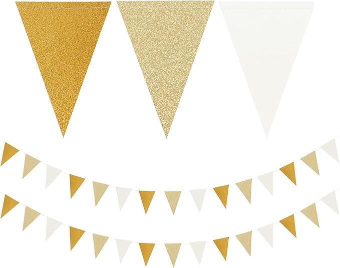 White-Gold Champagne Party-Decorations Banner,2 Pack Christmas Wedding Engagement Hanging Paper Triangle Pennant Flags Streamers,Bachelorette Neutral Baby Bridal Shower Supplies Decor Lasting Surprise