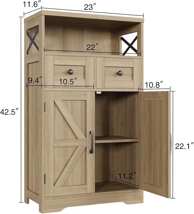 Natural Storage Cabinet with Doors and Shelves, Standing Kitchen Pantry Cabinet, Floor Storage Hutch Cupboard, Coffee Bar Station for Dining, Living Room, Home Office