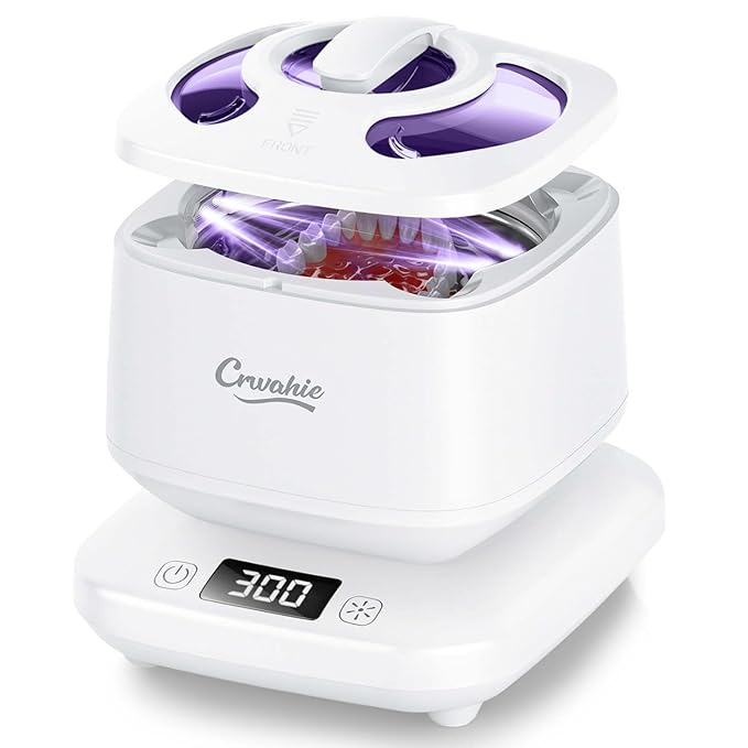 Ultrasonic Retainer Cleaner, Detachable 45kHz Retainer Cleaner Machine 3 Modes Dental Cleaning Pod with Visible Window Digital Timer for Mouth Guard, Dentures, Aligner, Braces, Jewelry - White