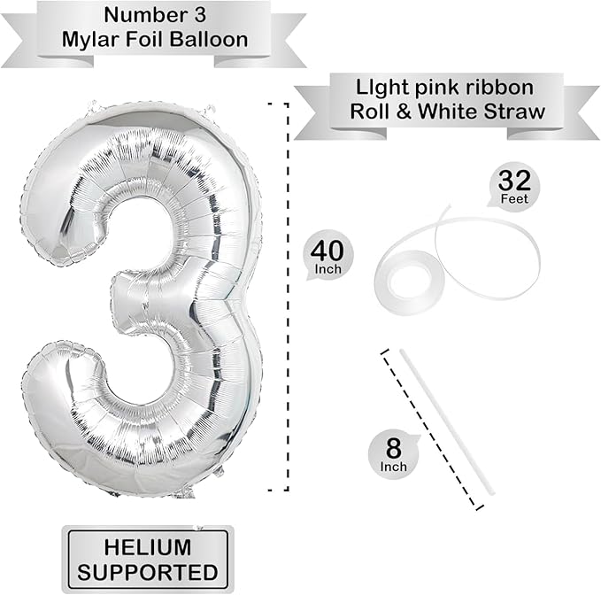 40 Inch Silver Number Balloons, Helium Mylar Foil Number Balloons for Birthdays, Number 3 Balloon for Party Wedding Bachelorette Birthday Bridal Shower Anniversary Celebration Party Decorations
