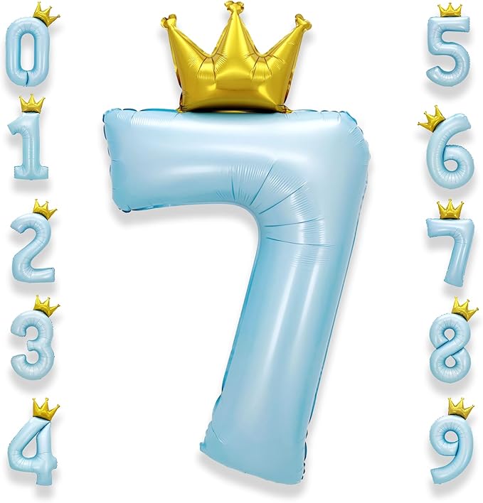 AULE 40 Inch Big Light Blue 7 Balloon Number with Crown Large Foil Helium Number Balloons 0-9 Jumbo Giant Happy 7th Birthday Party Decorations Huge Mylar Anniversary Party Supplies