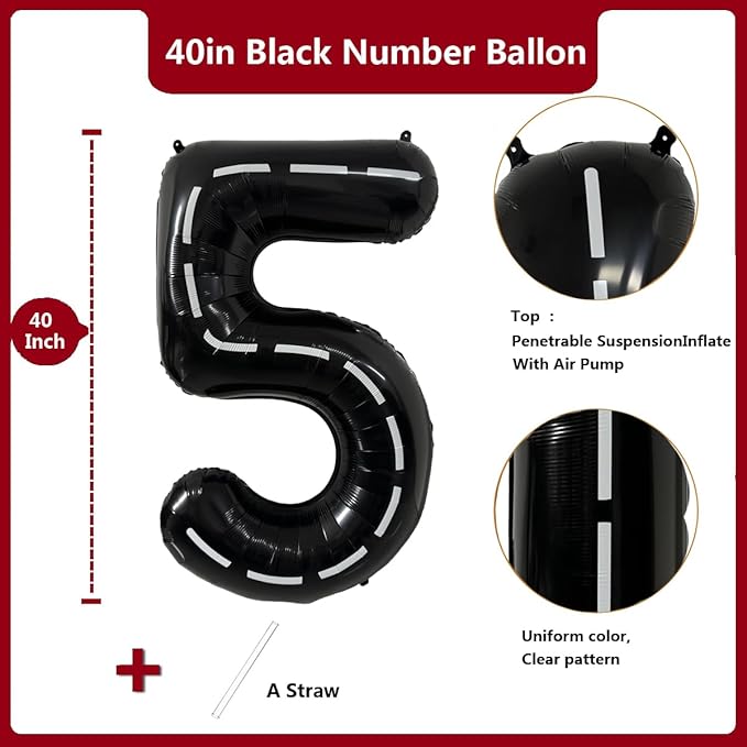 40 Inch Race Car Black Number Balloons Race Car Birthday Party Balloons Large Black Number 5 Balloons Boys 5th Birthday Party Race Car Theme Party Decorations Supplies（Digital 5）