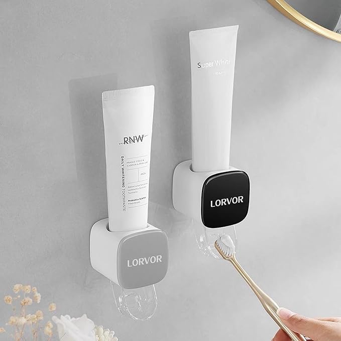 2 Pcs Toothpaste Dispensers Semi-Automatic Toothpaste Hands Free Squeezer Holder for Kids and Adults, Self-Adhesive Sticker Wall Mount Toothpaste Squeezer for Family Bathroom