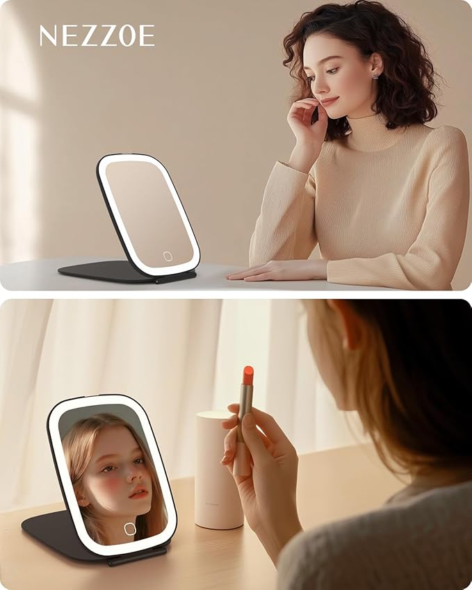 Rechargeable Travel Mirror with Light, Portable Mirror, 3 Color Light, 7.5 inch LED Folding Makeup Mirror (Black)