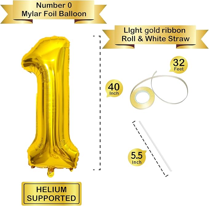 Gold Number Balloons Birthday Balloons - Giant Gold Number 1 Balloon 40 inch, Numbers Balloon Birthday Decorations, Gold Party Supplies for Women Men