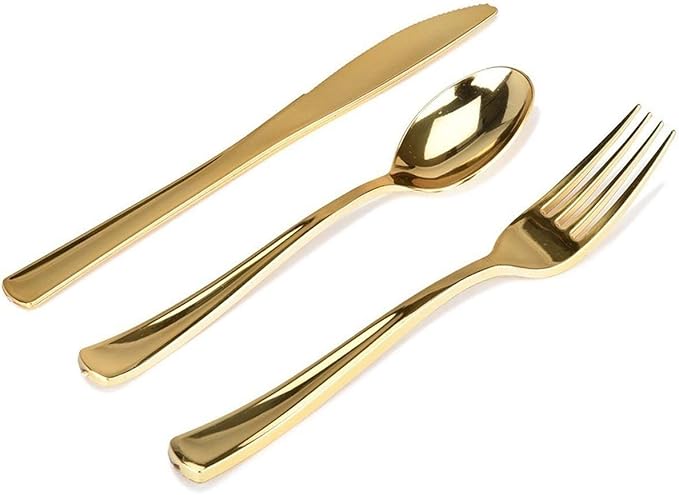 Gold Plastic Silverware Set (160 Bulk Pack) Disposable Cutlery Utensils, 80 Gold Forks, 40 Gold Knives, 40 Gold Spoons, Heavy Duty Flatware For Holidays, Parties, Dinners, Weddings, and Occasions