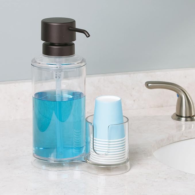 mDesign Plastic Refillable Mouthwash Dispenser and Cup Storage Organizer for Bathroom Vanity, Countertop, Cupboard - Includes 8 Paper Cups - Lumiere Collection - Clear/Bronze