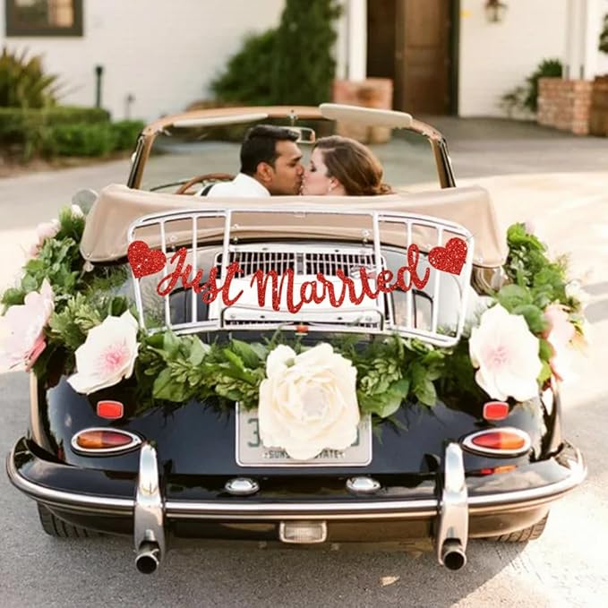BEISHIDA Red Just Married Banner - NO DIY, Glitter Wedding Party Banner,Just Married Signs, Bachelorette/Bridal Garland,Engagement Party Decor Supplies, Wedding Reception Party Decorations.