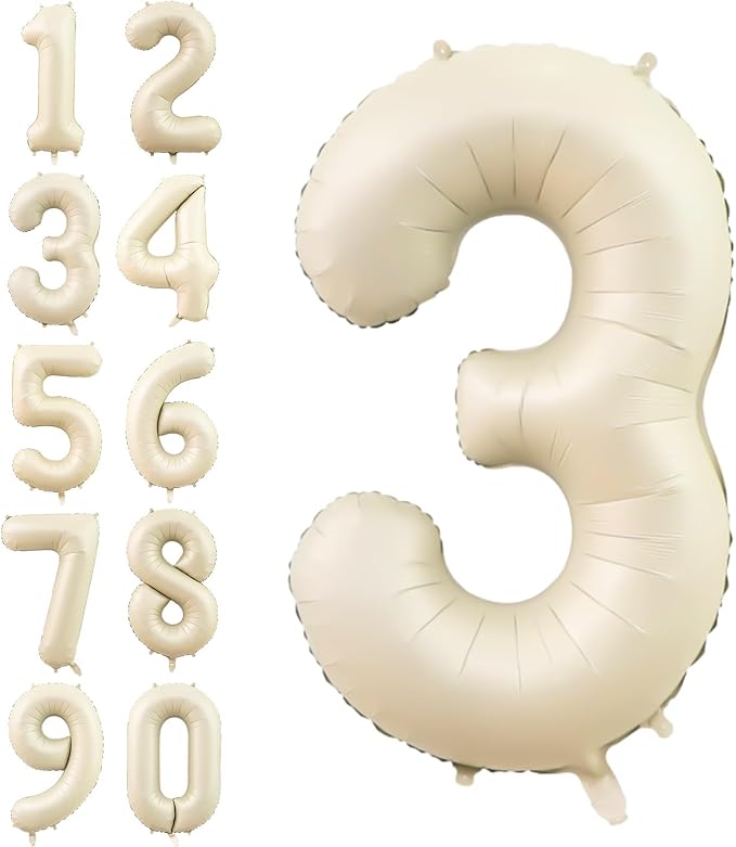 Number 3 Balloon Beige,40 Inch Large Cream Foil 3 Helium Balloons for Boys Girls Birthday Anniversary Decorations