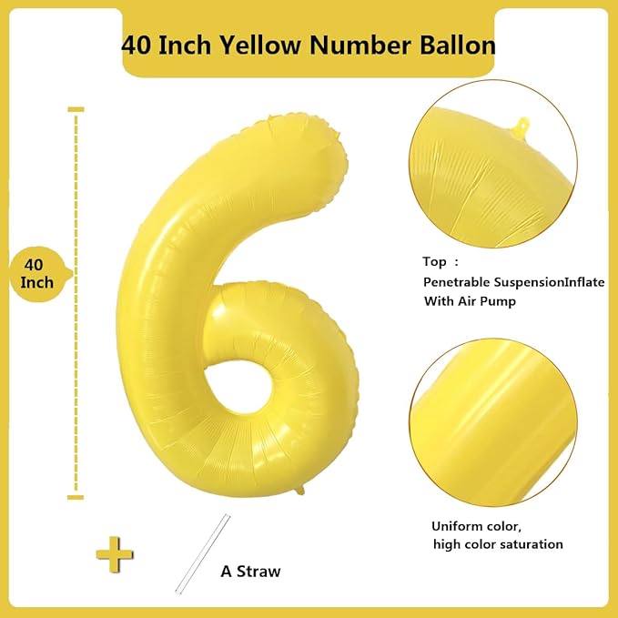40 inch Yellow Number Balloon Giant Foil Helium Balloons Number 6 Balloon for 6th Birthday Party Decorations