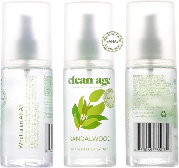 Aluminum Free Deodorant & Body Spray for Whole Body - Sandalwood 4oz (2 Pack) Clean Deodorant and Body Spray for Teen Boys and Girls - With AHA For Body Acne-Body Spray for Teens Formula