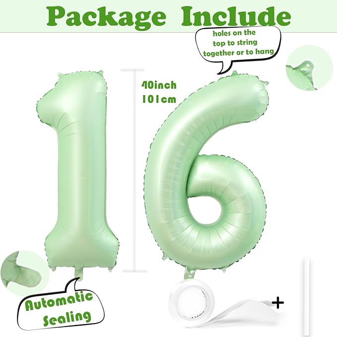 40 Inch Number 16 Balloons, Olive Green Giant Jumbo Helium Number 16 Foil Balloons for 16th 61th Birthday Party Anniversary Events Boys Girls Decorations Supplies