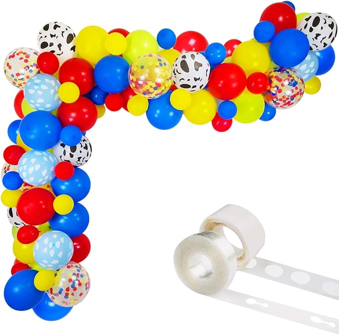 Red Yellow Blue Balloon Arch & Garland Kit with12" 5" Cloud Cow Print Balloons Fruit Green Latex Balloons Confetti Balloon Set for Baby Shower Kids Birthday Party Decorations