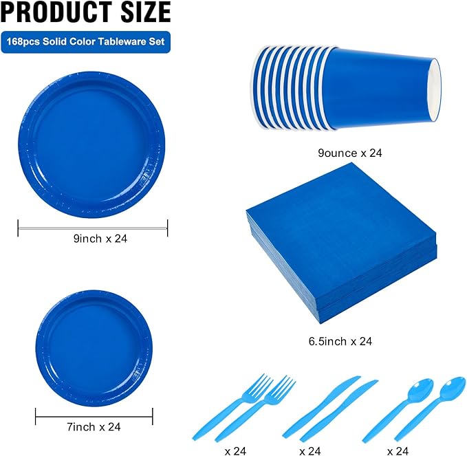 Ottin 169PCS Roayl Blue Party Supplies for 24 Guests – Disposable Paper Plates, Napkins, Cups, Forks, Knives, Spoons & Tablecloth for Birthday, Wedding, Halloween, Thanksgiving, Christmas, New Year