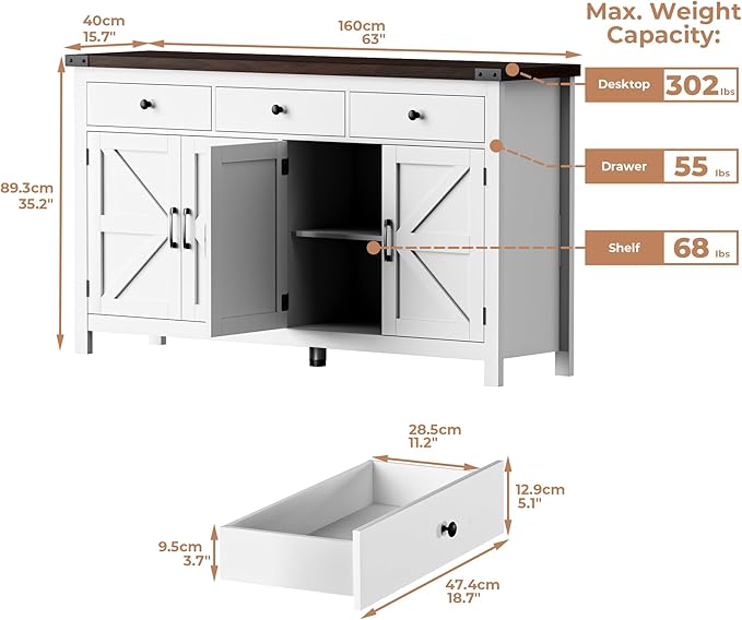 63" Sideboard Buffet Cabinet with Storage, Coffee Bar Cabinet with 3 Drawers and 4 Barn Doors, Long Wider Storage Cabinet Modern Farmhouse, White Wood, for Kitchen, Dining Room, Living Room