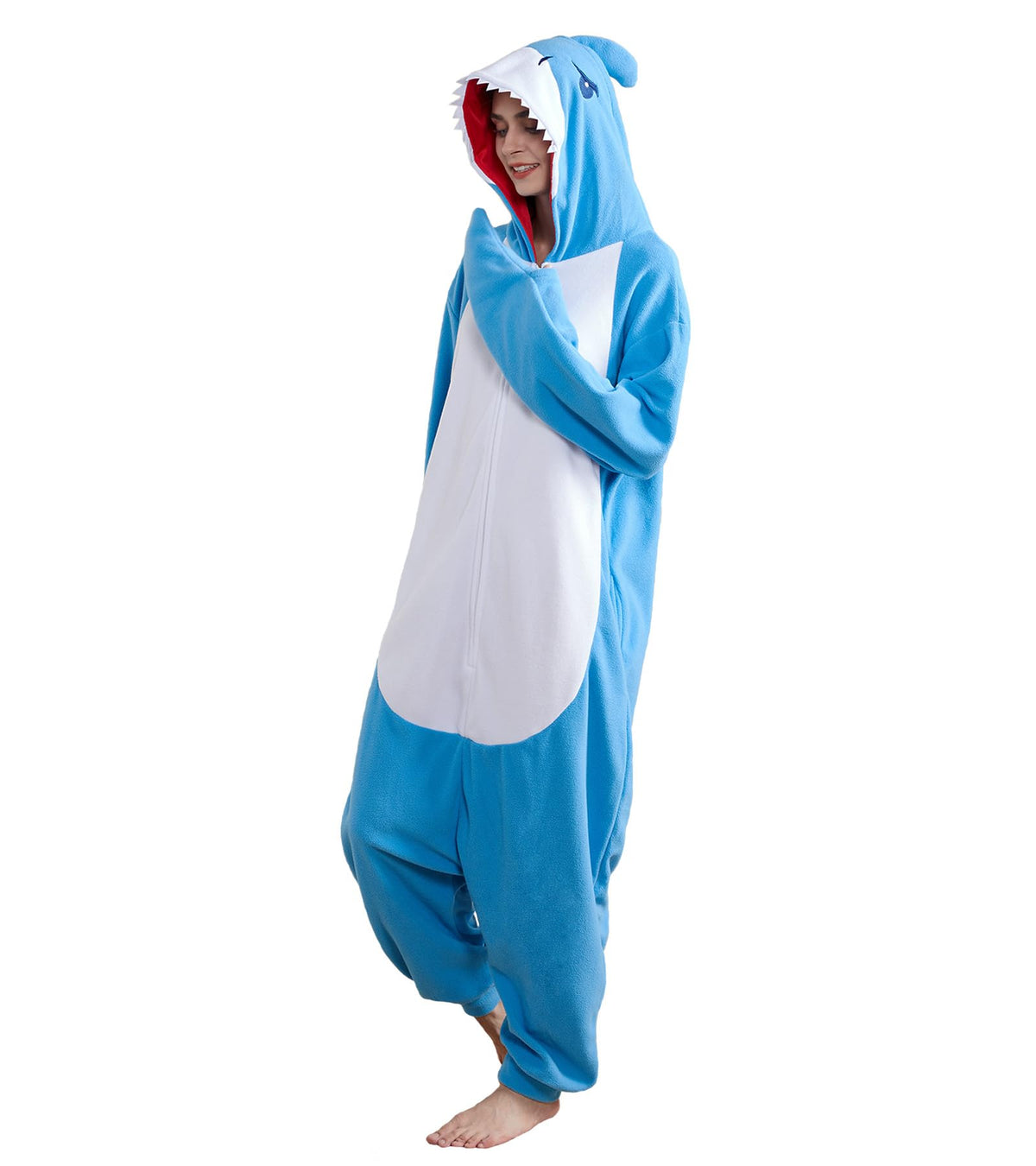 Focupaja Shark Pajamas Adult Animal Cosplay Costume One Piece Cartoon Homewear Sleepwear Onesie for Women Men Dark Blue XL