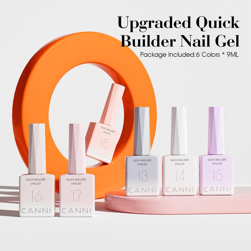 CANNI Quick Builder Nail Gel For Nails Set – 6 Colors 9ML Clear White Pink, Soak Off UV LED Nail Extensions & Strengthening, Self-Leveling Builder Gel for DIY Manicure & Salon Use Women