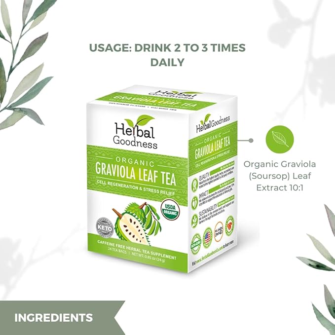 Graviola Leaf Tea - 144 Tea Bags - Hojas De Guanabana Organica Tea, Pure Organic Soursop Leaves, Rich In Antioxidant, Perfect For Immune Health, Digestion, Cell Regeneration & Heart Health - 6 Pack