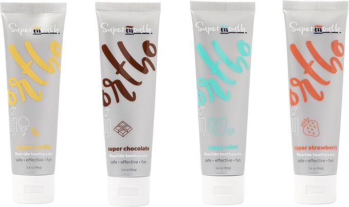 SuperMouth Ortho Toothpaste – for Braces & Aligners, Fluoride + Nano Hydroxyapatite, Adults & Kids, Fights Cavities & Decalcifications, Orthodontist-Developed, Safe Clean Ingredients, 4 Tasty Flavors