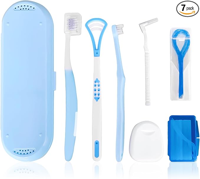 7-in-1 Travel Oral Care Kit with Case – Toothbrush, Tongue Scraper, Wisdom Toothbrush, Dental Floss, Floss Threaders, Interdental Brush, Dental Wax, Portable Hygiene Set for Daily Use Travel (Blue)