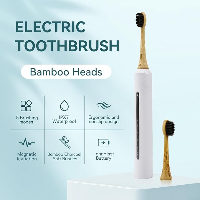 Bamboo Electric Toothbrush for Adults丨Rechargeable Electric Toothbrush with 3 Non Toxic Charcoal Infused Bamboo Brush Heads, 5 Cleaning Modes, 60 Days Battery Life, IPX7 Waterproof-White
