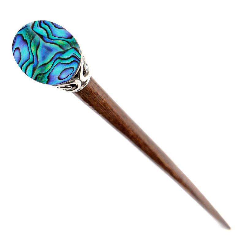 81stgeneration Women's Natural Wood Wooden Abalone Silver Brass Filigree Hair Pin Stick Hairpin