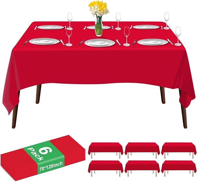 6 Pack Premium Red Plastic Table Cloth -70 X 120 Inch Rectangle Tablecloth, Disposable Tablecloth Plastic Table Cover for Parties (6, Red, 70" X 120" Rectangle)