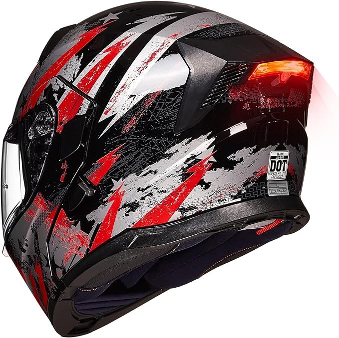 ILM Motorcycle Dual Visor Modular Flip up Full Face Helmet with LED Tail Light and Sun Visor DOT Model 906L(Lightning,X-Large)