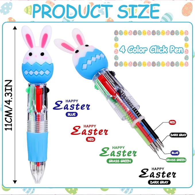 24PCS Easter Fun Pens Cute Multicolor Ballpoint Pens 4 Colors in 1 Kawaii Bunny Easter Egg Chicken Rainbows Gnome for Easter Basket Stuffers Party Favors Supplies Rewards Holiday Gifts