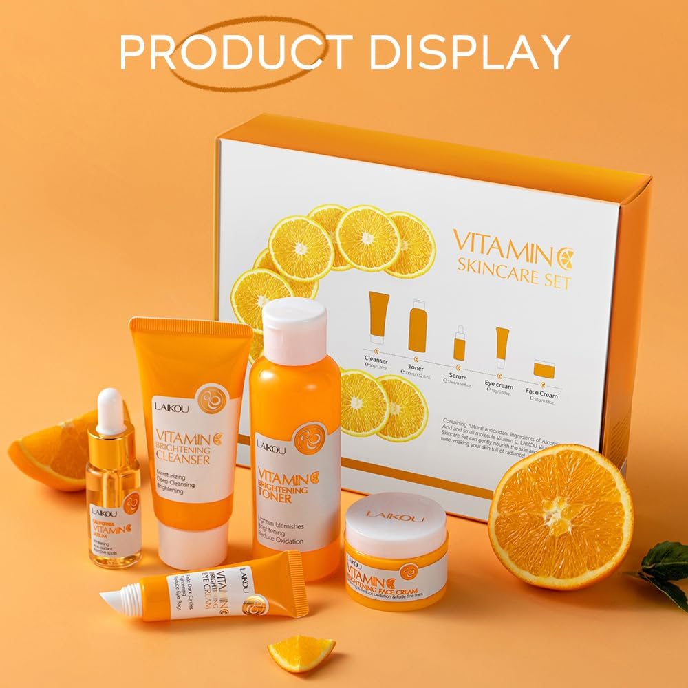 Vitamin C Skincare Set, Moisturizing Face Skin Care Kit with Facial Cleanser, Face Serum, Face Cream, Eye Cream, Toner For Hydrating Skin, Anti-Aging Skin