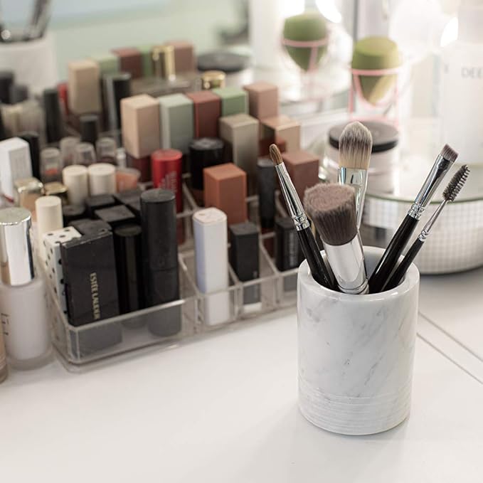 Natural Marble SPA Collection Tumbler Toothbrush Holder Makeup Brush Holder Bathroom Countertop Organizer