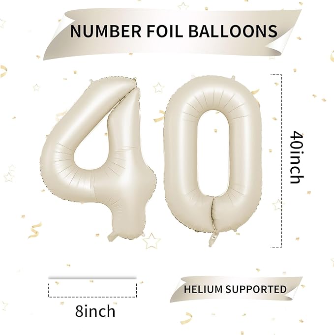 Biapian 40 Inch Cream Number 40 Balloon, 40th Birthday Balloons, Big Digital 40 Beige White Giant 40 Foil Balloon Helium for Men Women 40th Birthday Decorations Anniversary Baby Shower Party Supplies