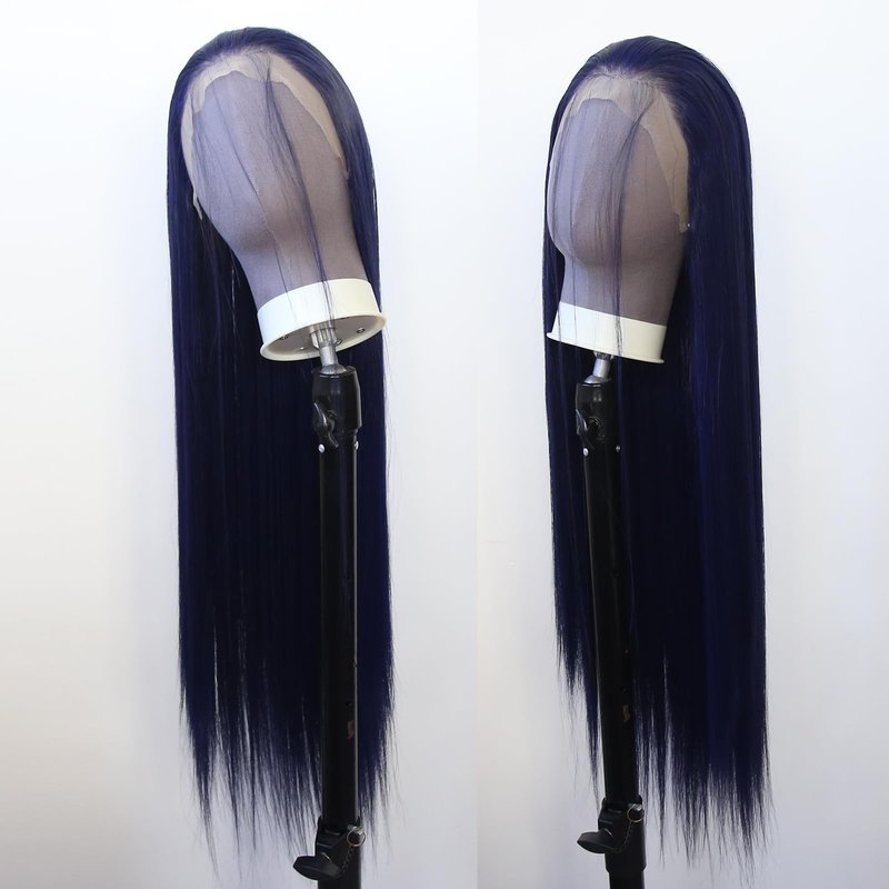 zigzag hair Dark Blue Wig Long Straight Navy Blue Synthetic Lace Front Wigs for Fashion Women Pre Plucked with Natural Hairline Heat Resistant Fiber Hair Glueless Synthetic Lace Wig (Dark Blue)
