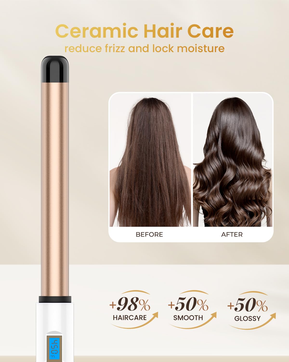 1 Inch Extra Long Barrel Curling Wand, Ceramic Tourmaline Curling Wand Professional Dual Voltage with Adjustable Temperature