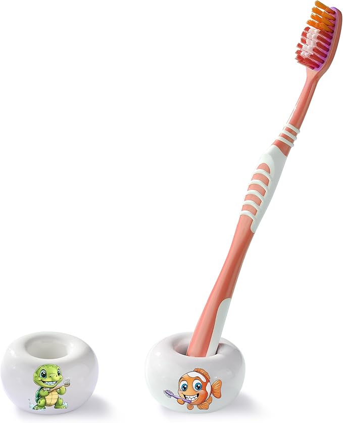 2PCS Ceramic Toothbrush Holder, DQELFA Mini Sleek Toothbrush Holder Stand for Bathroom and Countertop Organizers, White (Stylish Sea-Themed Designs)